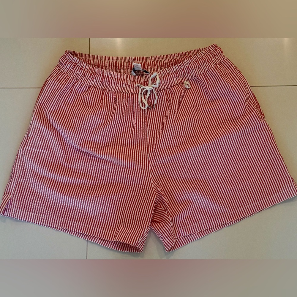 Loro Piana Red and White Striped Men’s Swim Trunks